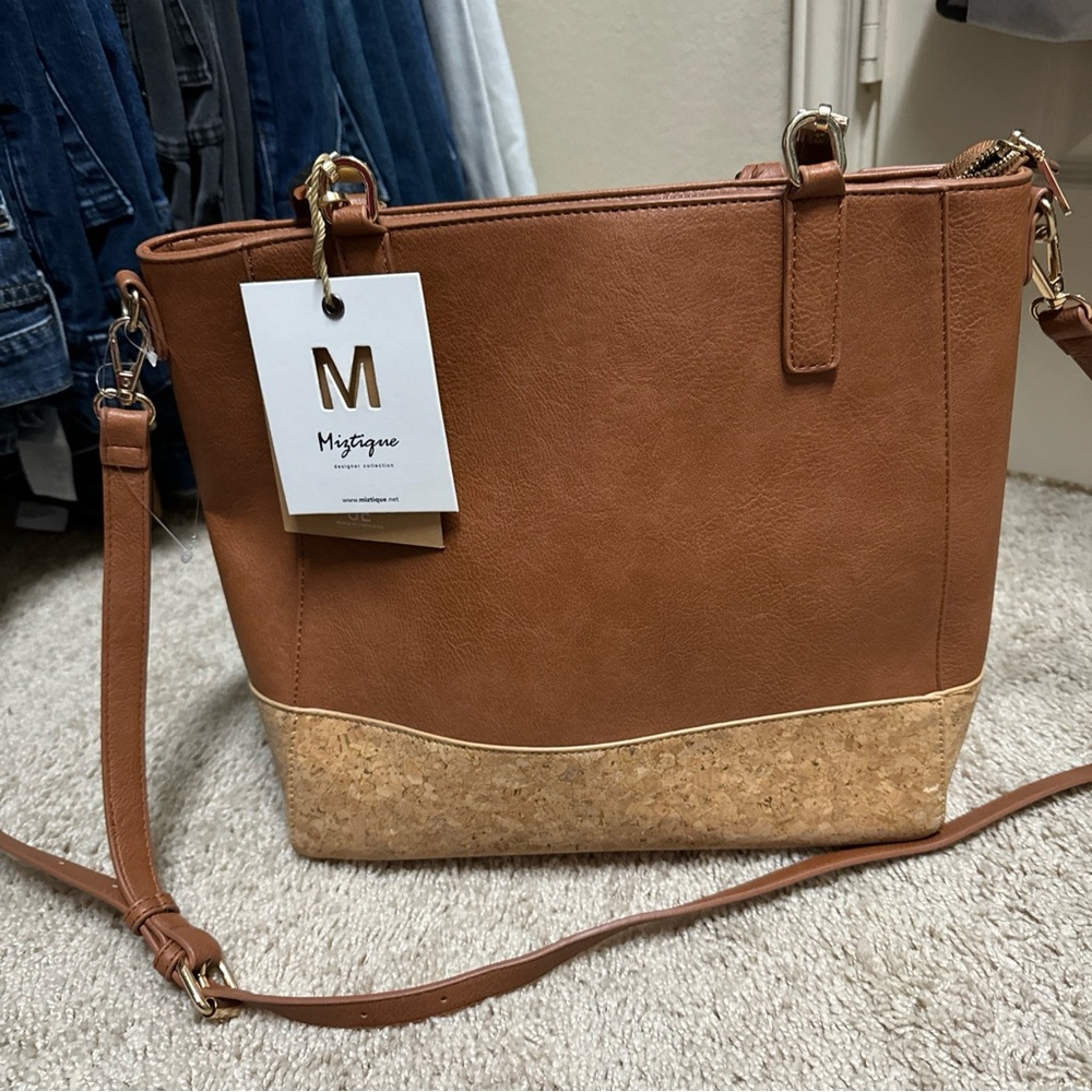 MIZTIQUE DESIGNER COLLECTION 2 TONED LEATHER/CORK DOUBLE STRAPPED HANDBAG PURSE
